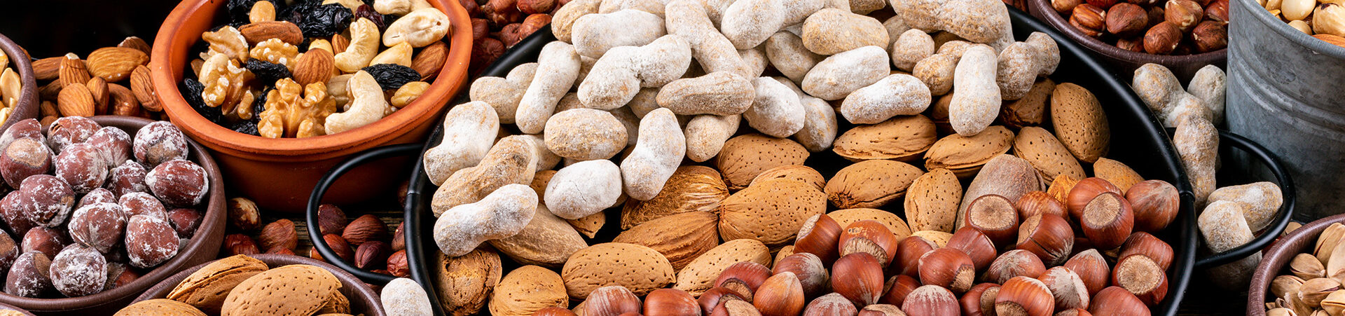 Set of pecan, pistachios, almond, peanut, cashew, pine nuts and assorted nuts and dried fruits in a different bowls . side view.